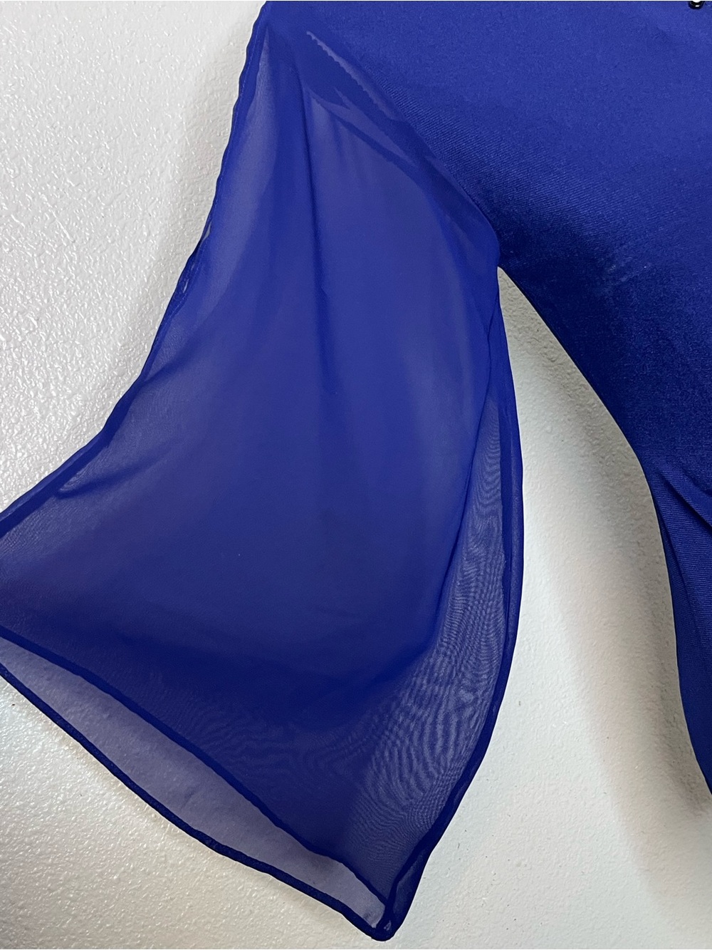 Royal Blue Sheer Bell-Sleeve V-Neck Faux Wrap Cocktail Evening Blouse Sz S - Picture 12 of 16